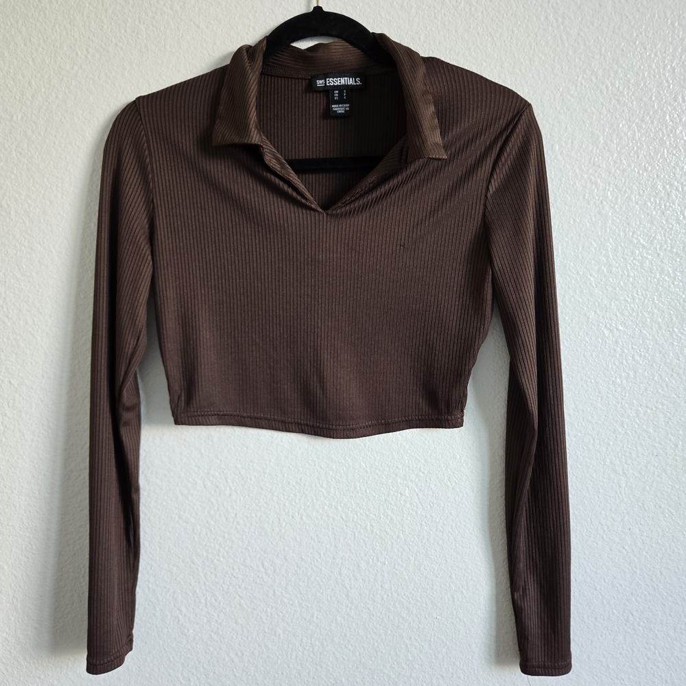 Essentials Chocolate Ribbed Long Sleeve Crop Top Size S
